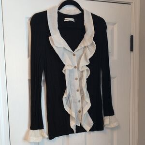 Anthropologie Black Cardigan with Cream Ruffles